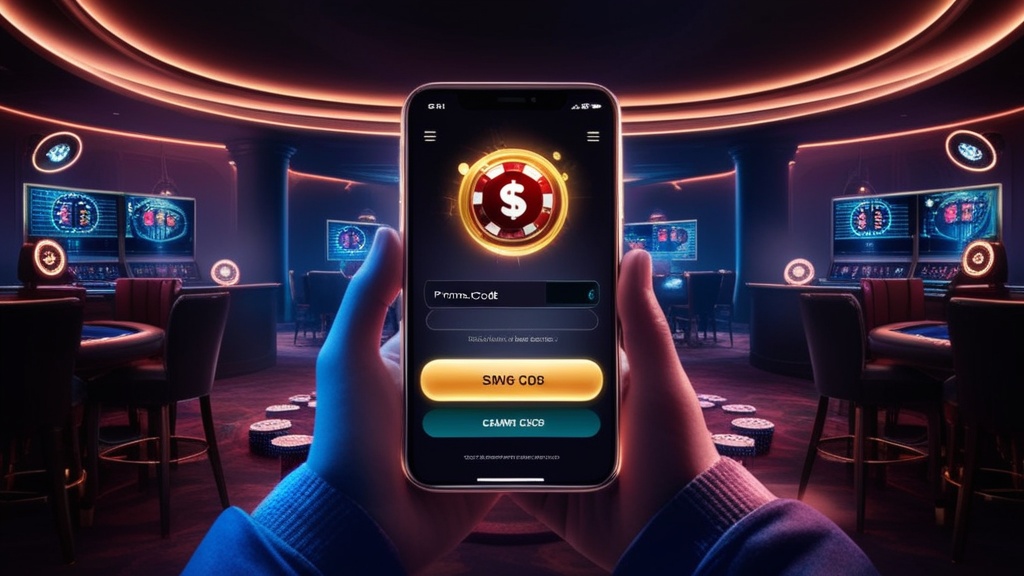 Spieler gibt im Casino einen Aktionscode auf dem Smartphone ein