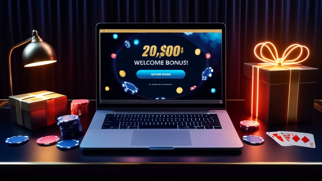 Willkommensbonus mit Chips und Geschenkbox in dunkler Casino-Atmosphäre