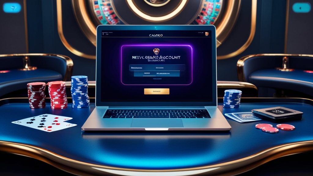 Neuer Account mit Bestätigungsanzeige auf einem dunklen Casino-Laptop
