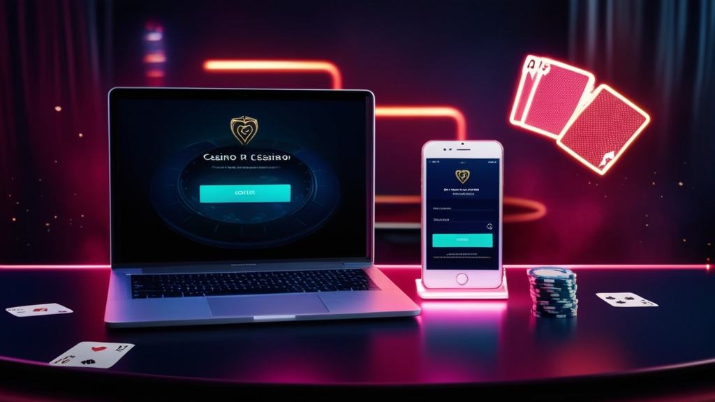 Laptop und Smartphone mit Login-Bildschirmen in dunkler Casino-Atmosphäre
